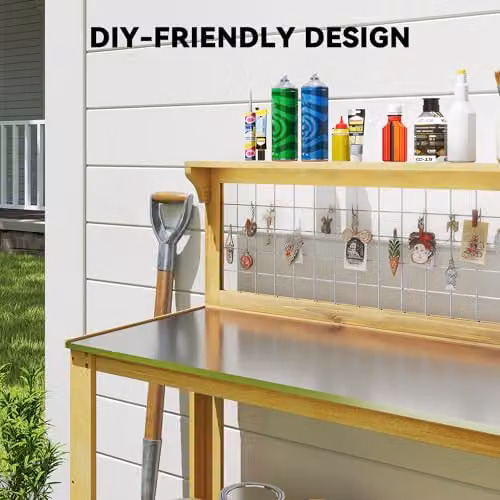 Outsunny Wooden Potting Bench Table with Aluminium Worktop and 2 Shelves, Yellow, W: 100 cm, D: 48 cm, H: 119 cm – 4