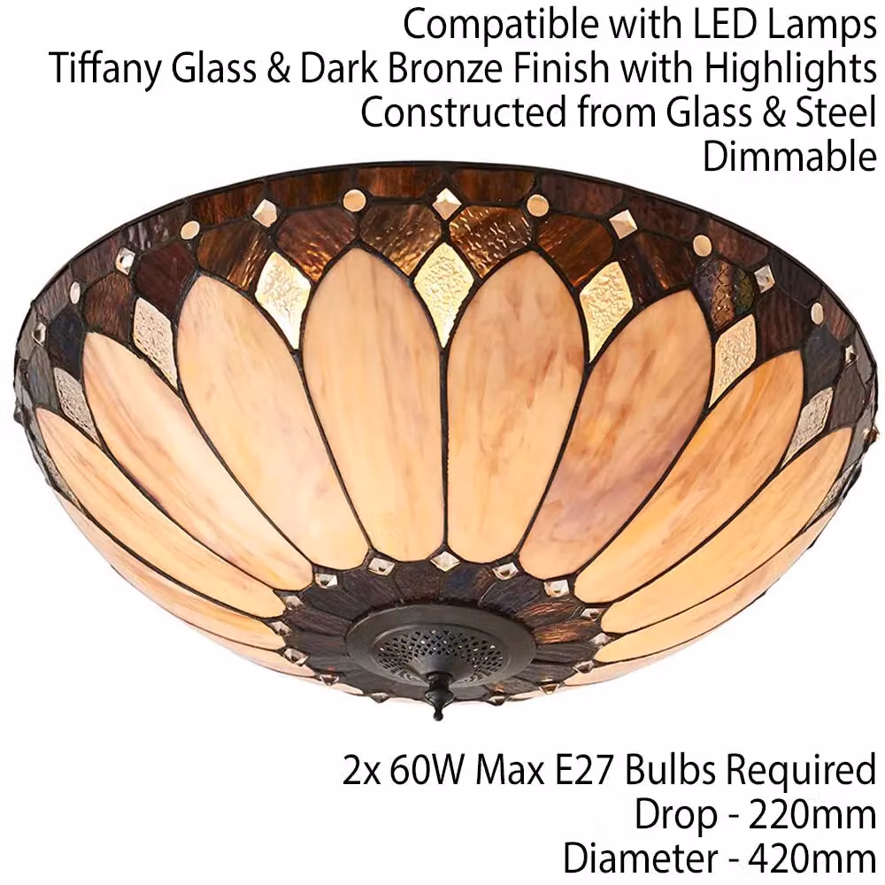 Loops Tiffany Glass Semi Flush Ceiling Light in Bronze and Transparent Glass with Round Inverted Shade – 2