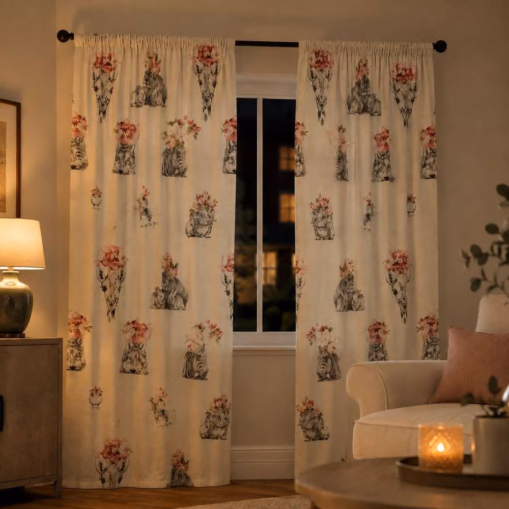 Smart Living Sketch Line Animal Floral Print Curtains Pair with Tie Backs, Multicolour, Width: 167 cm, Drop: 183 cm – 2