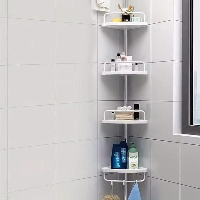 VOGREX 4 Tier White Adjustable Telescopic Bathroom Corner Wall Shelf Rack