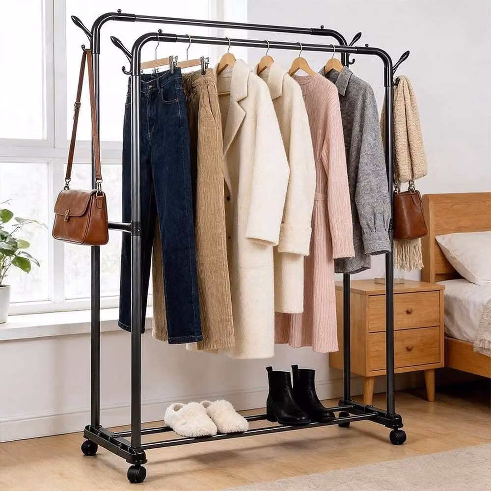 Kelvenix Double-Rod Rustproof Clothes Rail in Black, H 141.0 cm x W 95.0 cm – 4