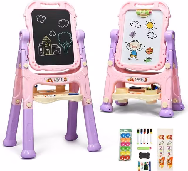 COSTWAY Kids Double Sided Chalkboard and Whiteboard Art Easel in Pink