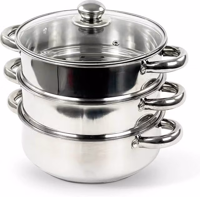 SPETLEK 3 Tier Stainless Steel Steamer Pot Cooker Set with Glass Lid, Metallic Silver, Diameter: 22 cm