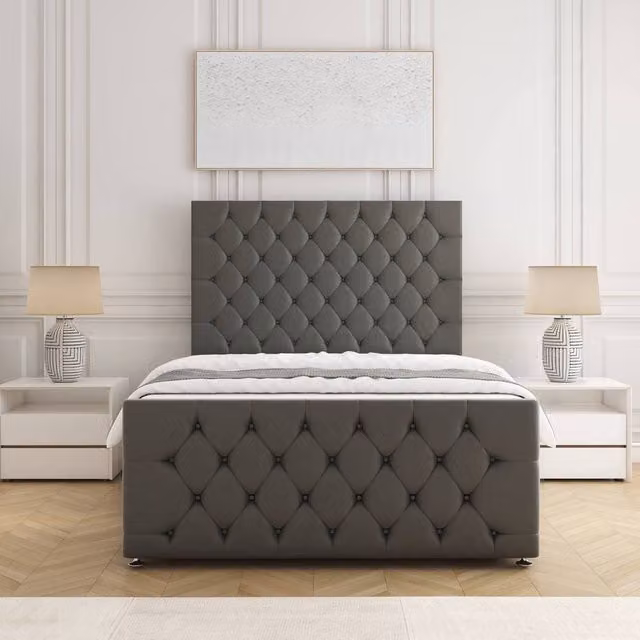 BSSPOKE Maya Plush Small Double Divan Bed with Headboard, Footboard and Mattress in Grey Velvet Fabric, W/D/H: 120 x 200 cm