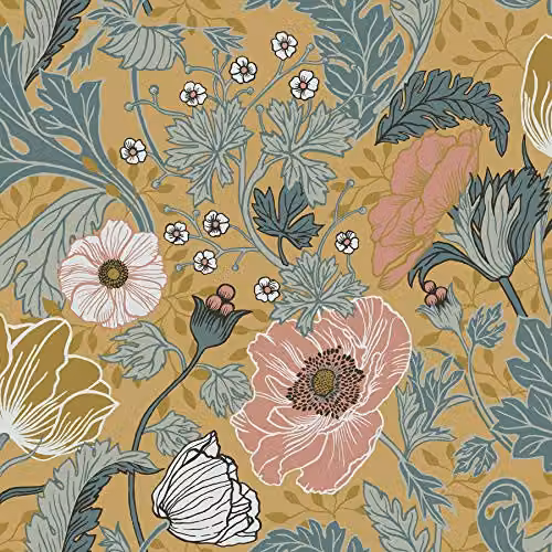 A-Street Prints Apelviken Anemone Floral Vines Yellow and Multicolour Art Nouveau Botanical Wallpaper