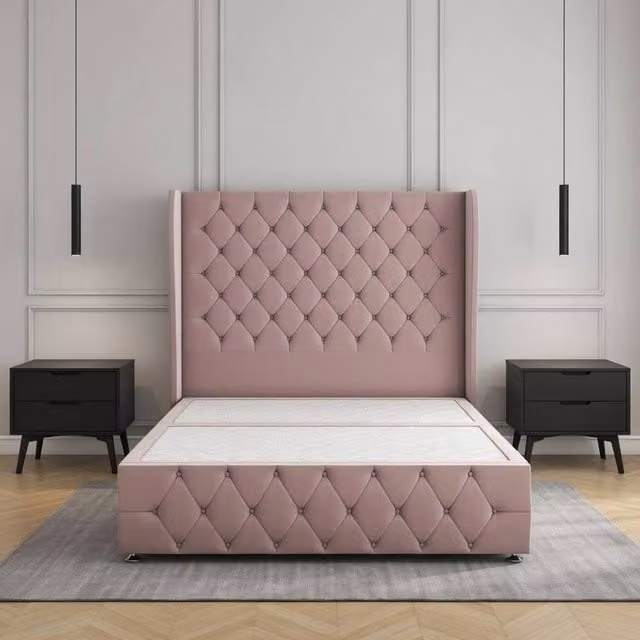 Regional Furnishings Super King Plush Velvet Divan Bed with 54 inch Headboard and Footboard in Pink, W/D/H: 200 x 200 cm