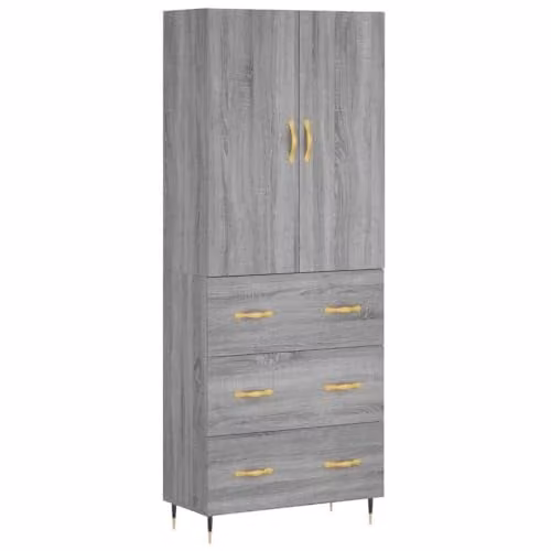 vidaXL Modern Grey Sonoma Highboard with Internal Shelves and Drawers, W/D/H: 69.5 x 34 x 180 cm