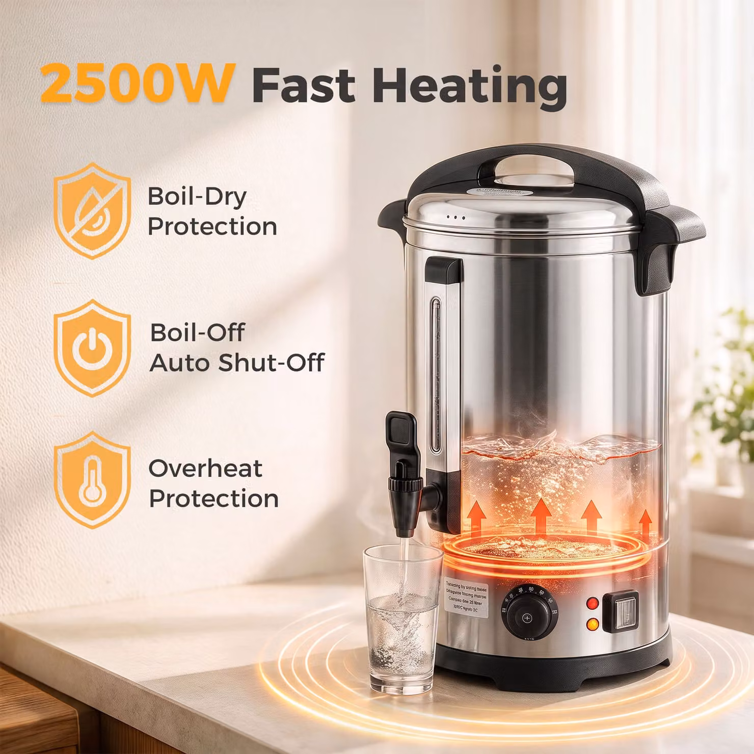 HOMCOM 13L Catering Hot Water Boiler Dispenser, 2500W Stainless Steel Urn in Silver with Thermostat and Keep Warm Function – 6