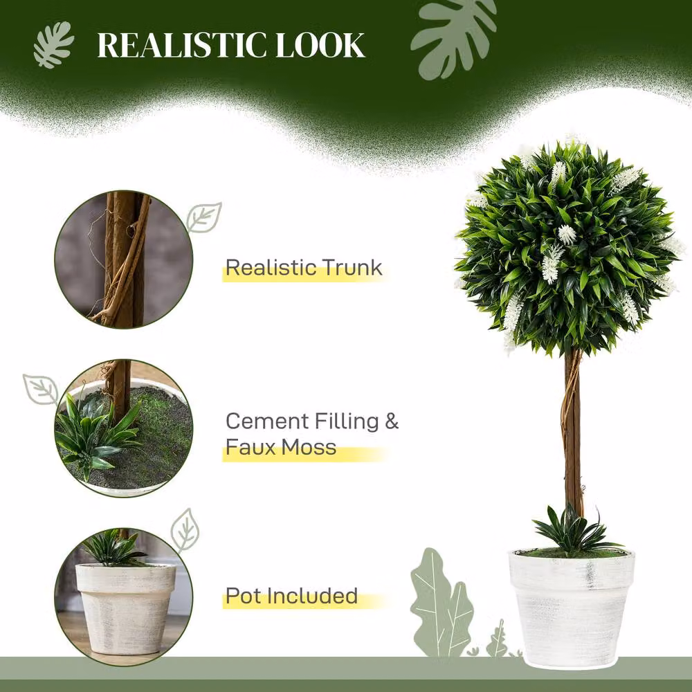 STILVORA Set of 2 Artificial Green Ball Trees with White Pots, Height: 60 cm – 6