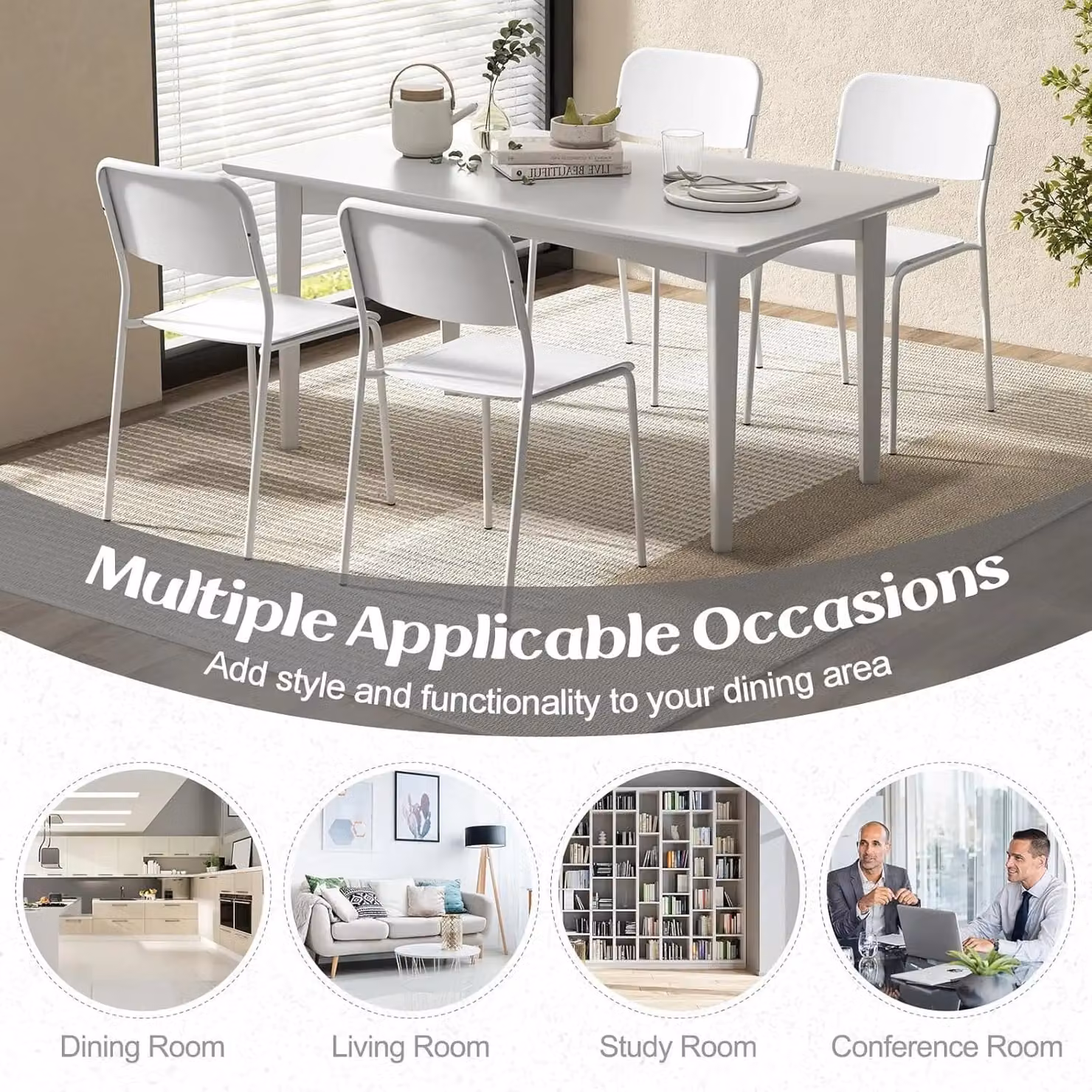 Gymax Set of 4 Stackable White Dining Chairs with Tilted Backrest and Metal Legs – 2