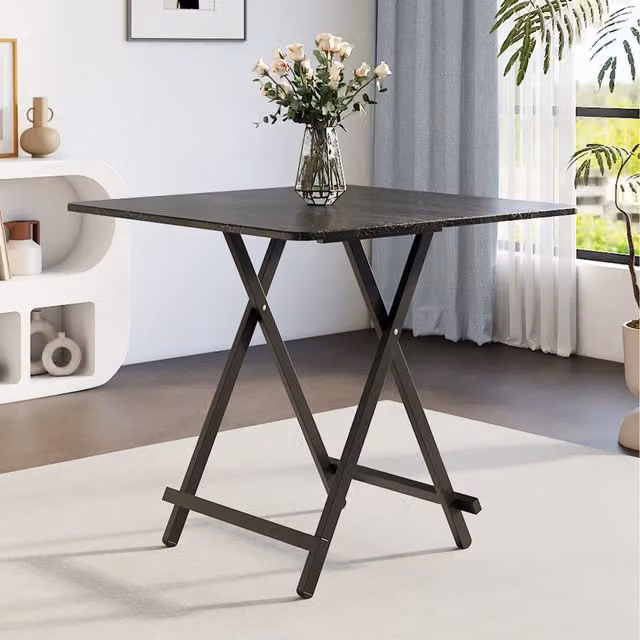 Komore Black Foldable Rectangular Dining Table with Wood Grain Finish and X-Frame Metal Legs
