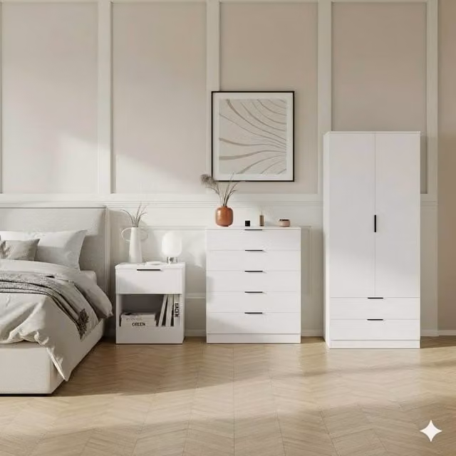 Vida Designs Trega 3-Piece White Bedroom Set Including Wardrobe, 5-Drawer Chest and Bedside Table