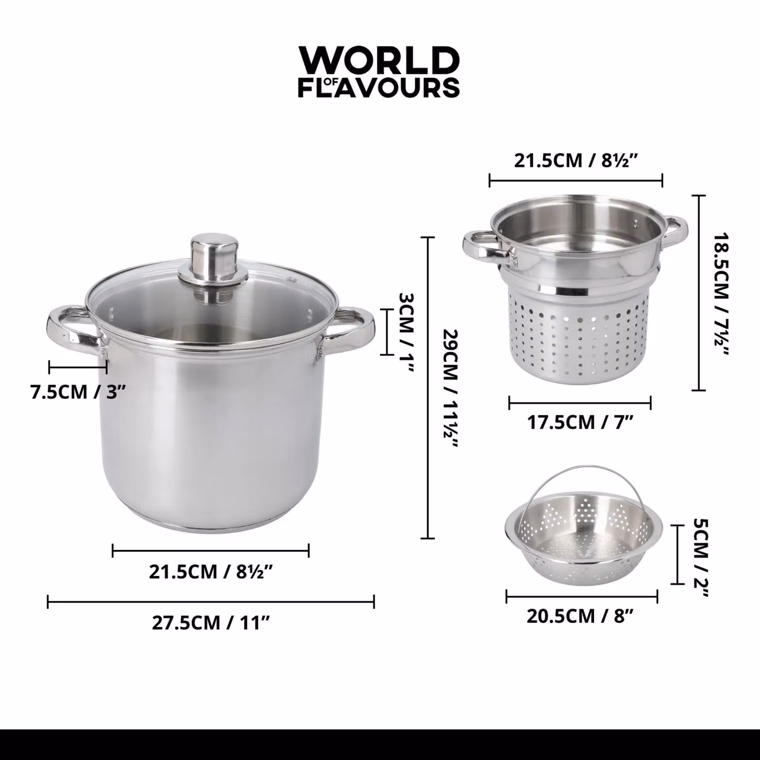 World of Flavours Italian Stainless Steel Pasta Pot with Steamer Insert in Silver – 7