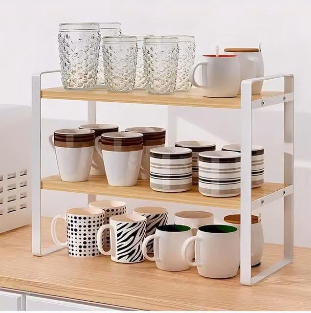 Living and Home 2-Tier Wooden Cups Storage Shelf Organiser in Light Oak