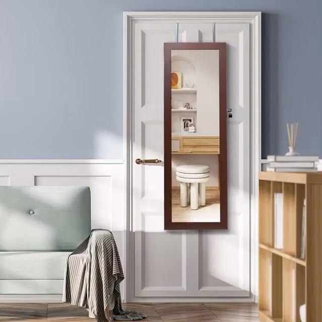 Costway Brown Wall or Door Mounted Jewelry Armoire Organizer with Full-length Mirror, LED Lighting and Lock