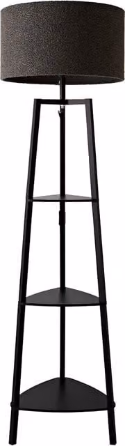 ValueLights Hiru Black 3 Tier Shelf Floor Lamp with Fabric Boucle Shade and Bulb in Charcoal Grey