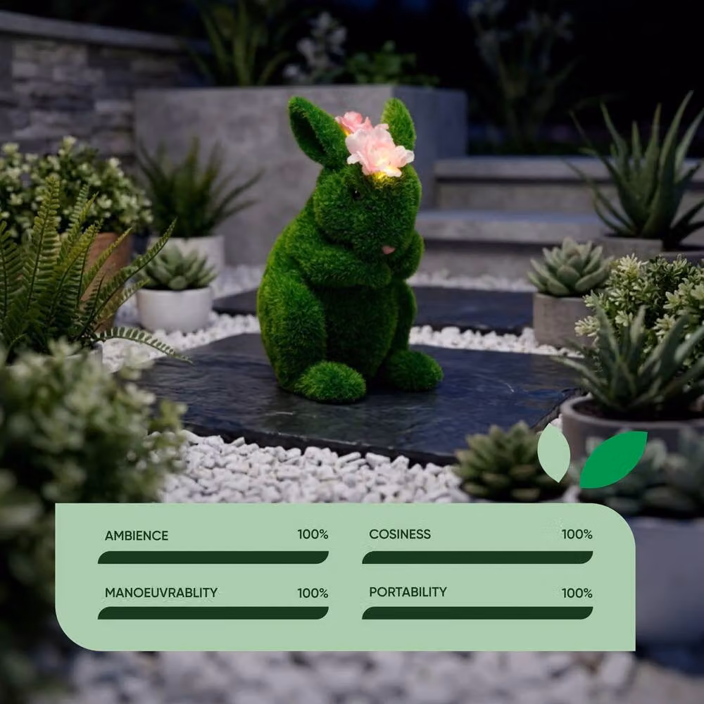 Gardenwize Solar Topiary Bunny Garden Ornament with Pink Flowers in Green – 4