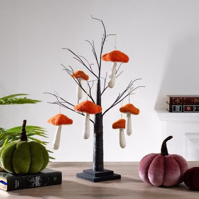 Scottish Everlastings Ltd Autumn Twig Tree with Hanging Toadstools in Black and Orange, Height: 70 cm – 1