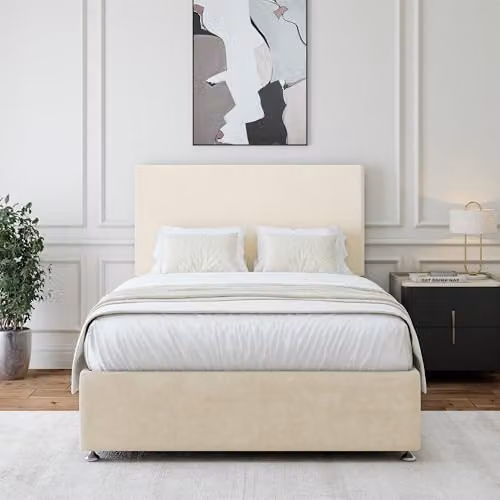 Bedmaster Luxury Velvet Upholstered Divan Bed Base with Storage and Plain Headboard, W/D/H: 140 x 200 cm