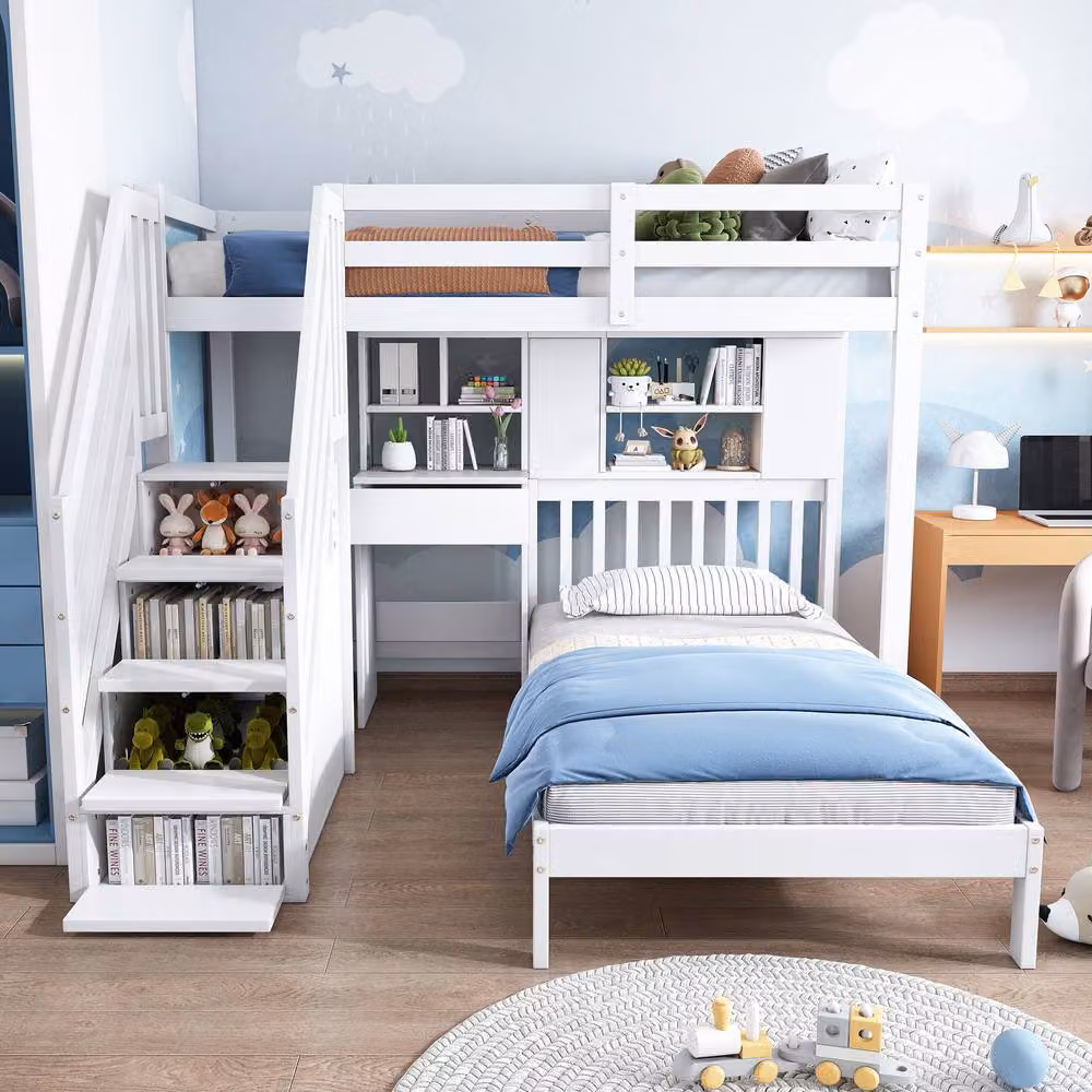 Matteo White Solid Pine House Bunk Bed with Desk, Stairs and Storage for Children, Size: 90 x 200 cm – 2