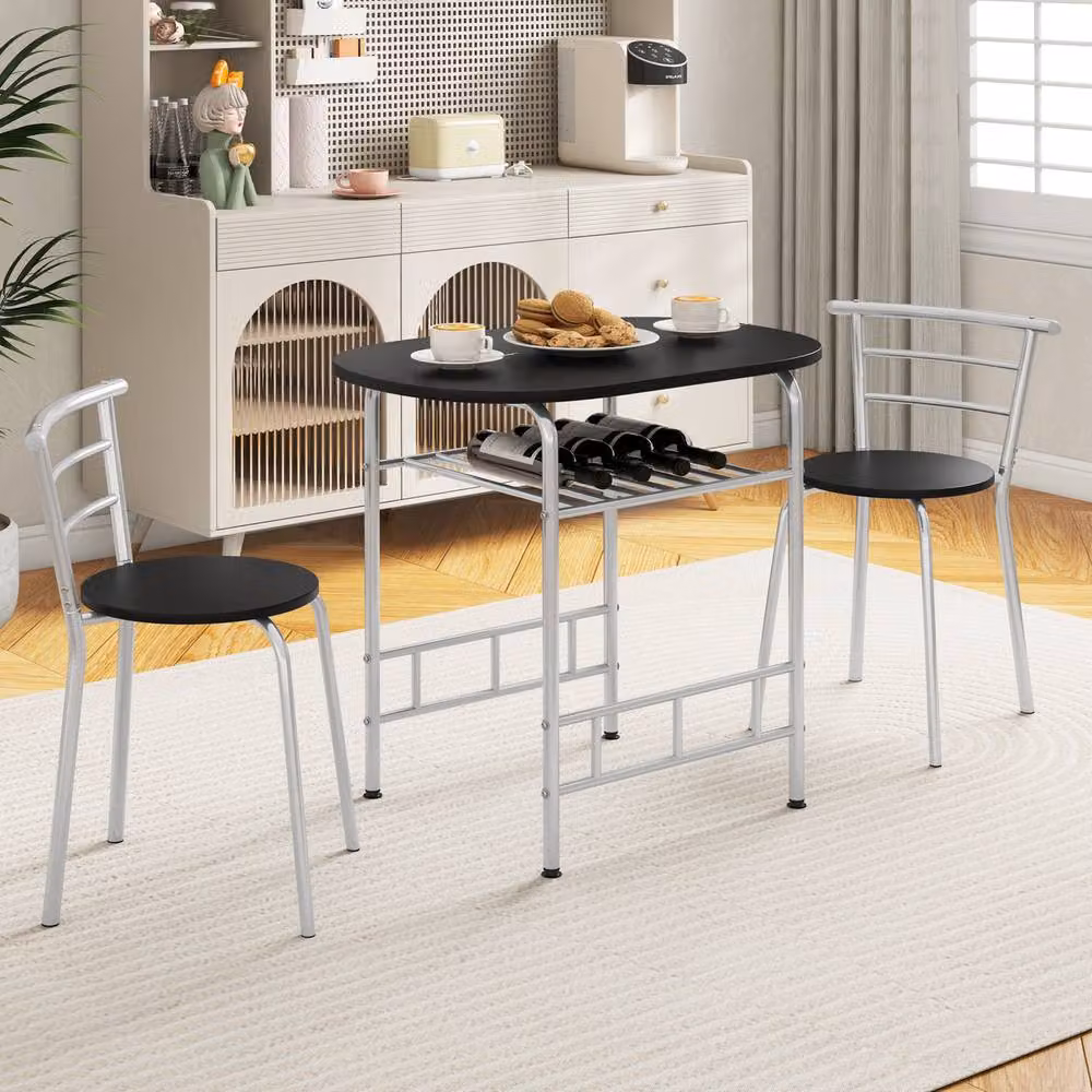 Gymax 3 Piece Modern Oval Dining Table and Chairs Set in Silver and Black – 5