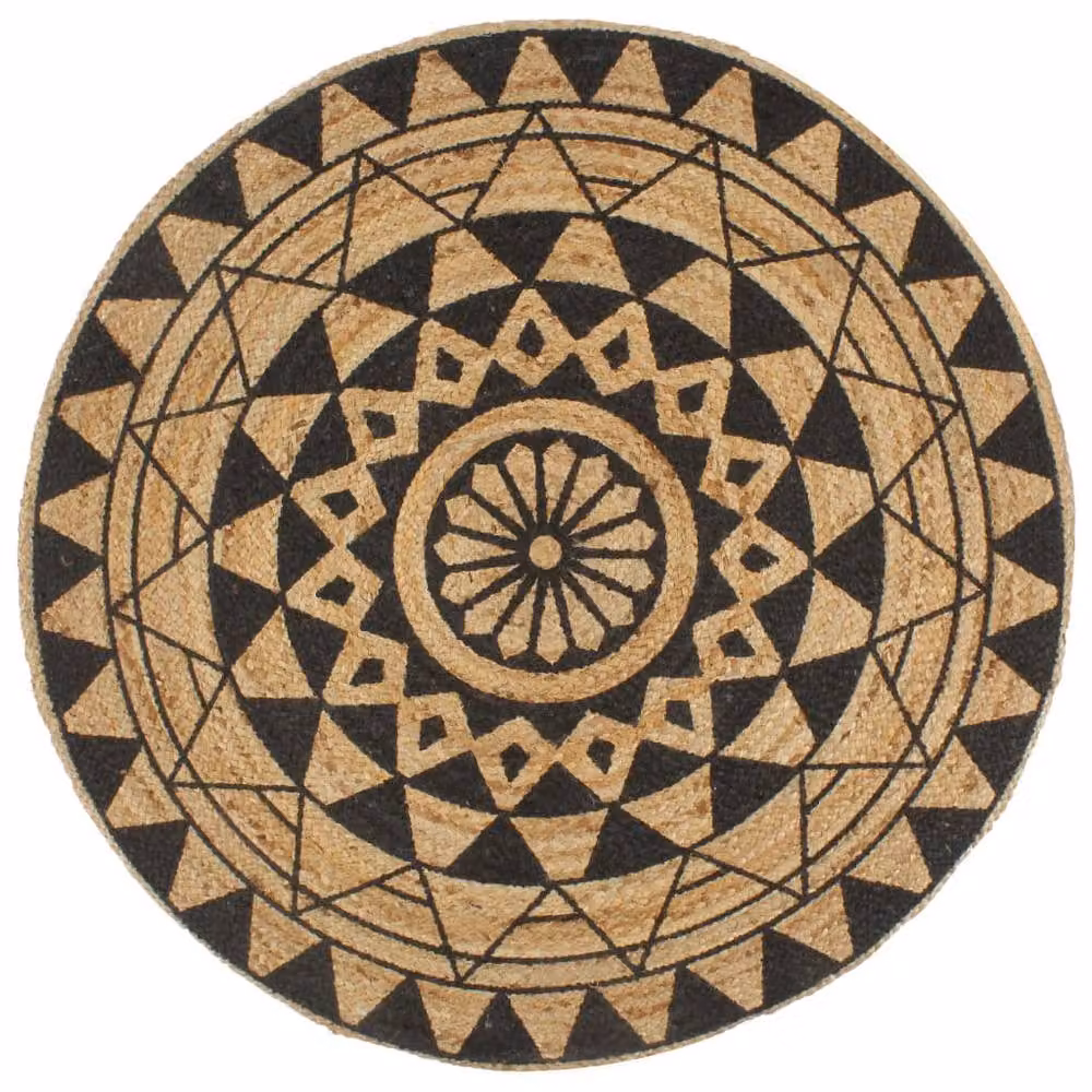 Berkfield Home Handmade Round Jute Rug with Black Floral Print in Natural and Sand, Diameter: 100 cm – 2