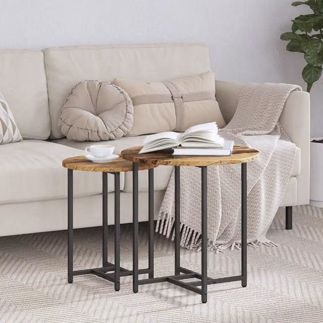 Berkfield Home Set of 2 Round Rustic Brown Side Tables with Wood and Metal Finish – 1