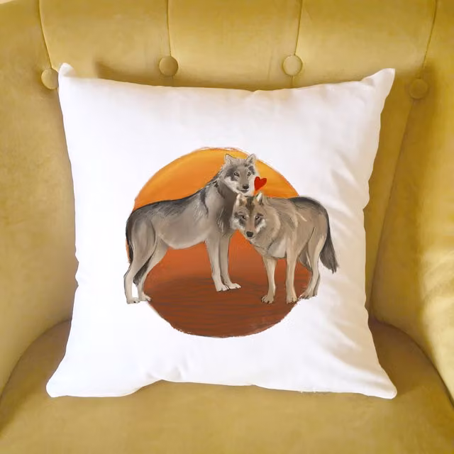 Afewhometruths Mr & Mrs Mates for Life Wolf Love Cushion, Off-White, W/D/H: 40 x 40 x 40 cm – 1