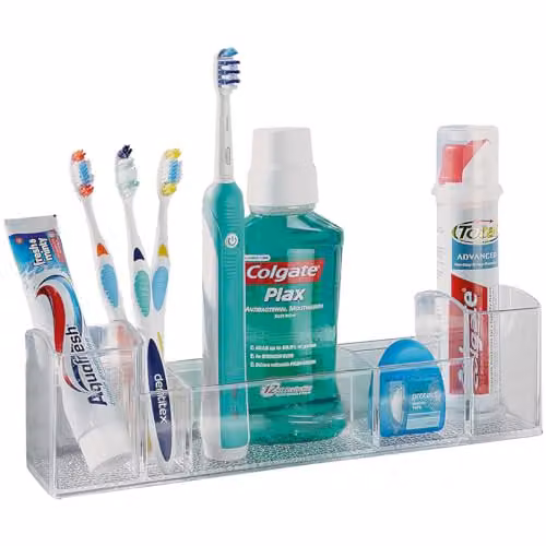 mysmartbuy Multi-Compartment Bathroom Organiser, Transparent Plastic Caddy, W/D/H: 30 x 7.5 x 8 cm