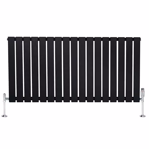 Monster Shop Black Carbon Steel Flat Single Column Radiator with Chrome TRV Valves and Wall Brackets, H: 600 mm x W: 1190 mm – 2