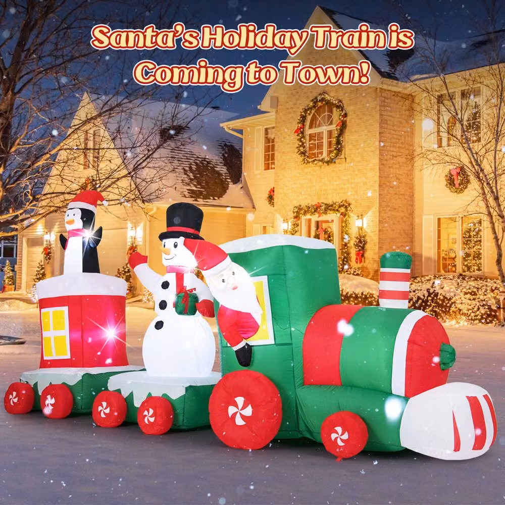 Gymax Red and Multicolour Christmas Inflatable Santa Claus Driving Train with LED Lights – 3