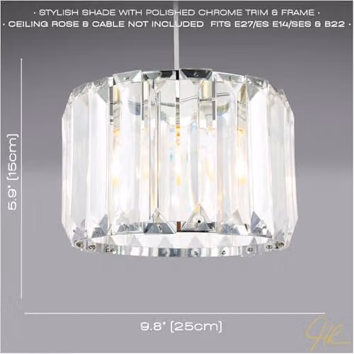 Happy Homewares Contemporary Easy Fit Chrome Pendant Shade with Transparent Rectangular Rods, Diameter: 25 cm – 2