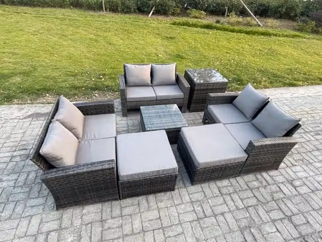 Fimous Outdoor Lounge Sofa Set in Dark Grey PE Rattan with Square Coffee Table, Double Seat Sofa and 2 Footstools