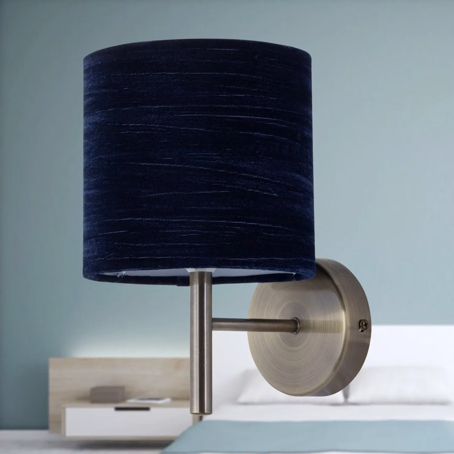 First Choice Lighting Brea Set of 2 Antique Brass Wall Lights with Blue Fabric Shades – 4
