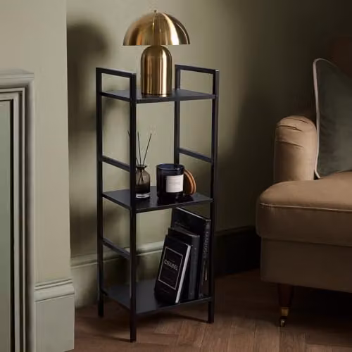 OHS Manhattan 3 Tier Ladder Shelving Unit, Modern Black Wood and Metal Storage Organiser, W/D/H: 80 x 24 x 80 cm