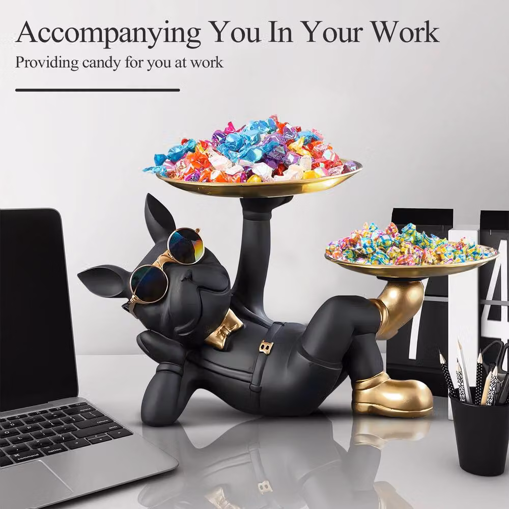 Huhote Black Resin French Bulldog Statue with Tray Lying Sculpture Decor – 3