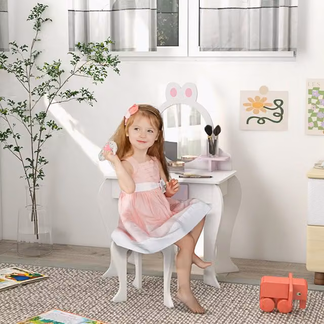 ZONEKIZ Bunny Design Kids Dressing Table with Mirror and Stool, White