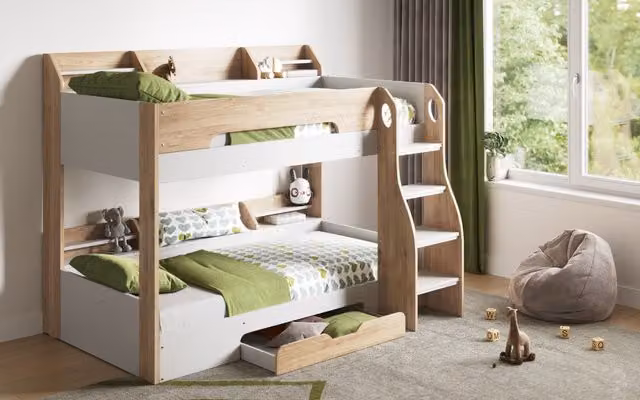 Flair Two-Level Bunk Bed with Storage Drawers and Stairs in Oak – 1