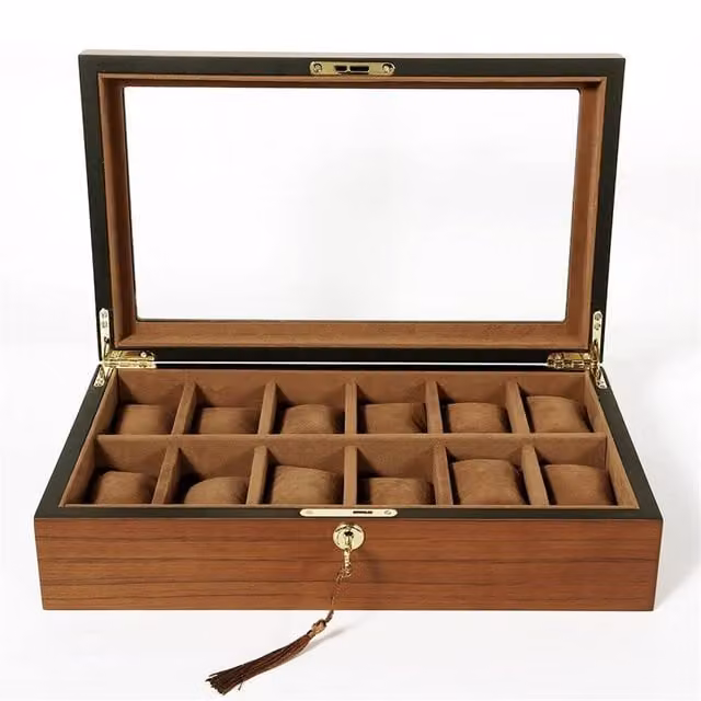 NESTLUNE Lockable 12 Watch Display Grid Box in Brown Wood and Metal