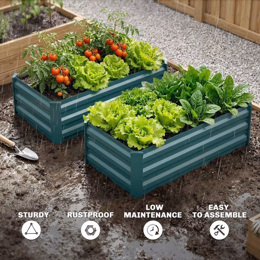 NESTLUNE Set of 2 Green Galvanised Steel Raised Garden Bed Planter Boxes – 3