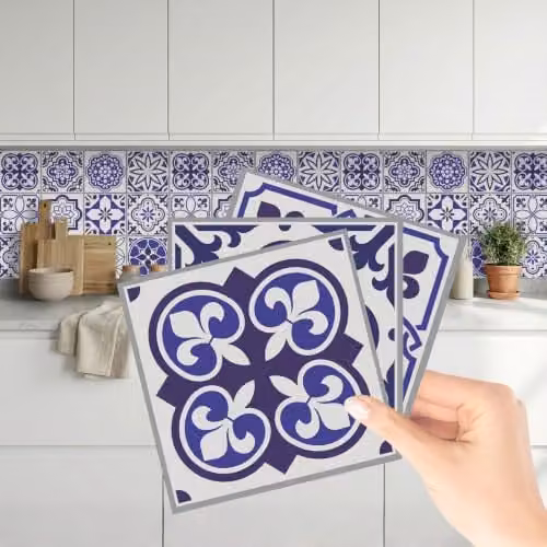 WALPLUS Blue Spanish and Moroccan Geometric Peel and Stick Wall Tile Stickers, 24 Pack, W/D/H: 15 x 15 x 0.15 cm