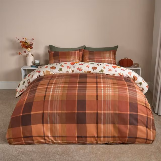 OHS Reversible Checked Autumnal Duvet Cover Set in White and Brown