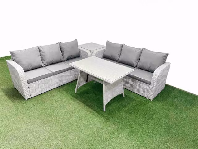 Fimous Rattan High Back Lounge Sofa Set with 3 Seater Sofa and Coffee Table in Light Grey