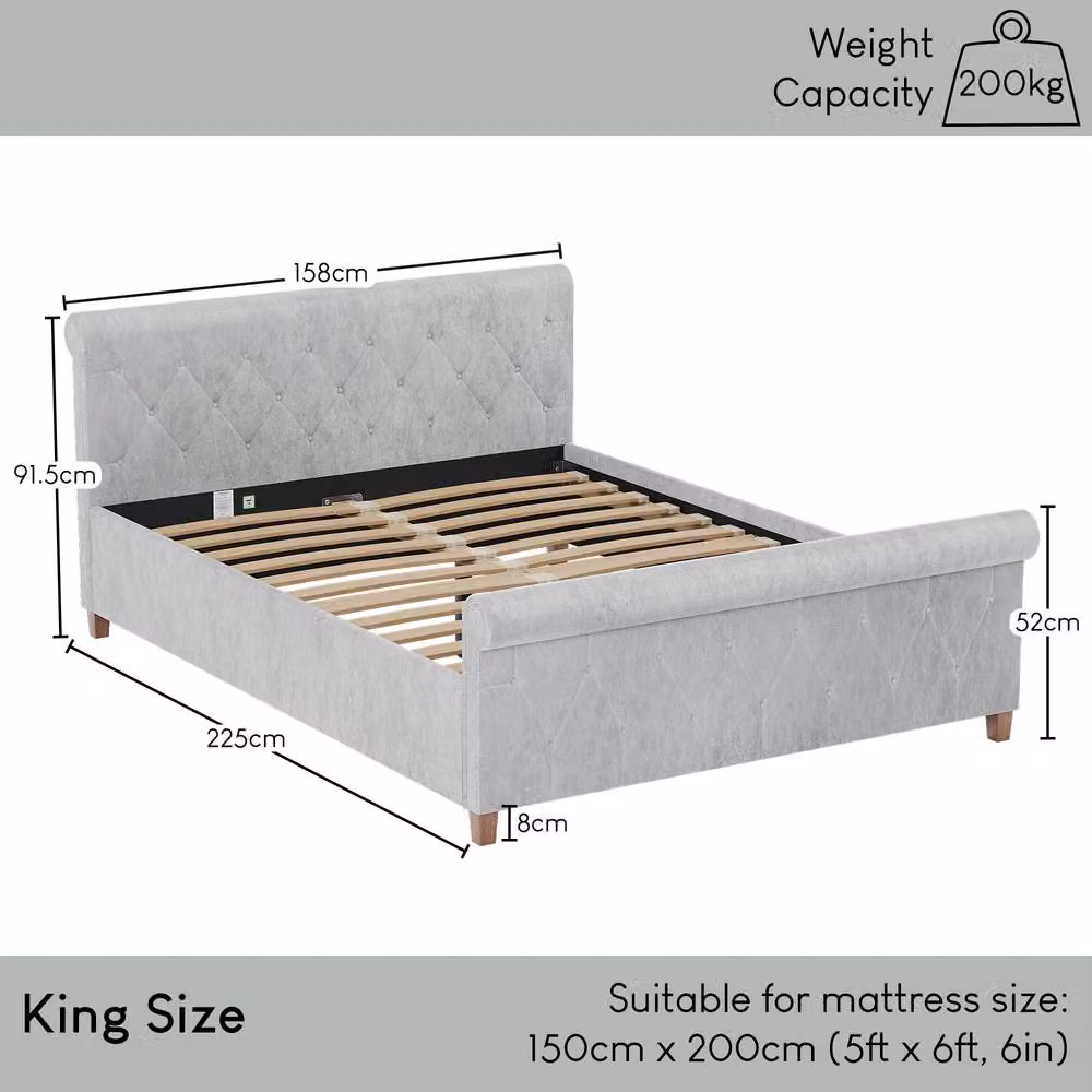 Vida Designs Vittorio King Size Upholstered Bed Frame in Silver Grey Velvet – 2