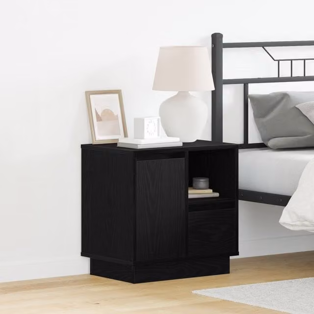 Berkfield Home Set of 2 Modern Black Oak Bedside Cabinets with Integrated LED Lighting, W: 50 cm, D: 34 cm, H: 50 cm
