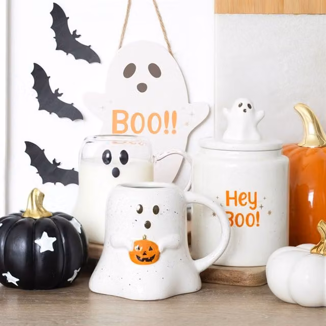 KDMK Ghostly Boo White Ceramic Hanging Halloween Wall Plaque
