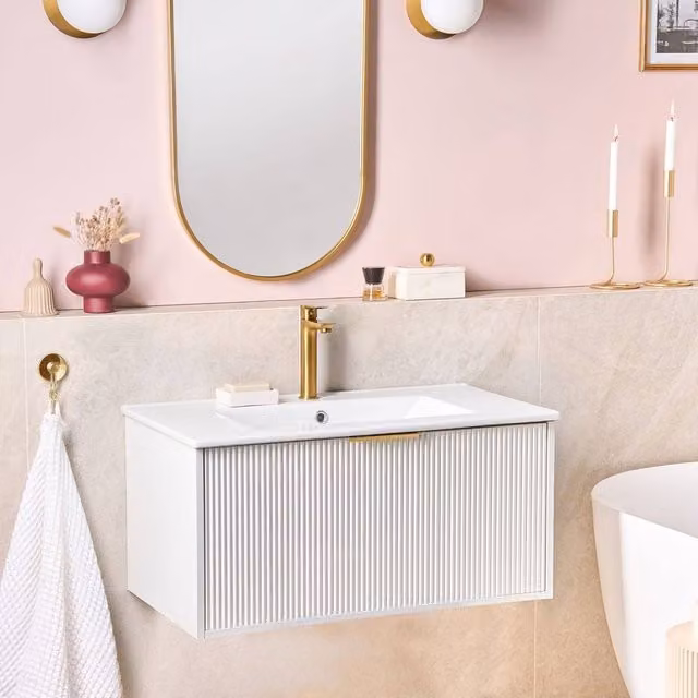 Wyld and Coco 80cm Wall-Mounted Vanity with White Ceramic Basin and Gold Handle