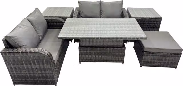 Fimous 5-Seater Rattan Garden Furniture Set with Large Stool and 2 Side Tables in Dark Grey