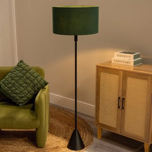 ValueLights Mitch Triangle Floor Lamp with Bottle Green Fabric Drum Shade and Black Wood Stem, including LED Bulb – 1