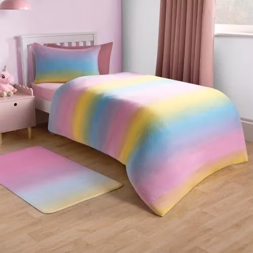 OHS Single Teddy Fleece Duvet Cover and Pillowcase Set, Rainbow Ombre Multicolour, W/D/H: 135 x 200 cm and 50 x 75 cm – 1